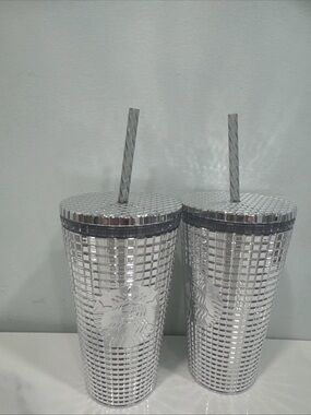 Starbucks Metallic Silver Studded Tumbler Pair with Straws 16 ounces